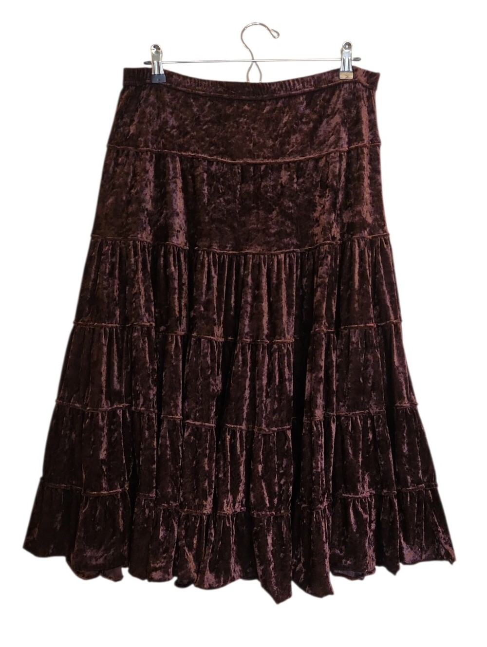 VINTAGE SILVERGATE CRUSHED VELVET TIERED MIDI SKIRT BROWN BOHO WHIMSIGOTH M - Picture 2 of 6